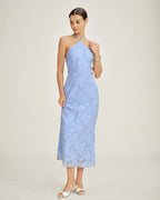 Blue Jacquard Halter Maxi Slip Dress