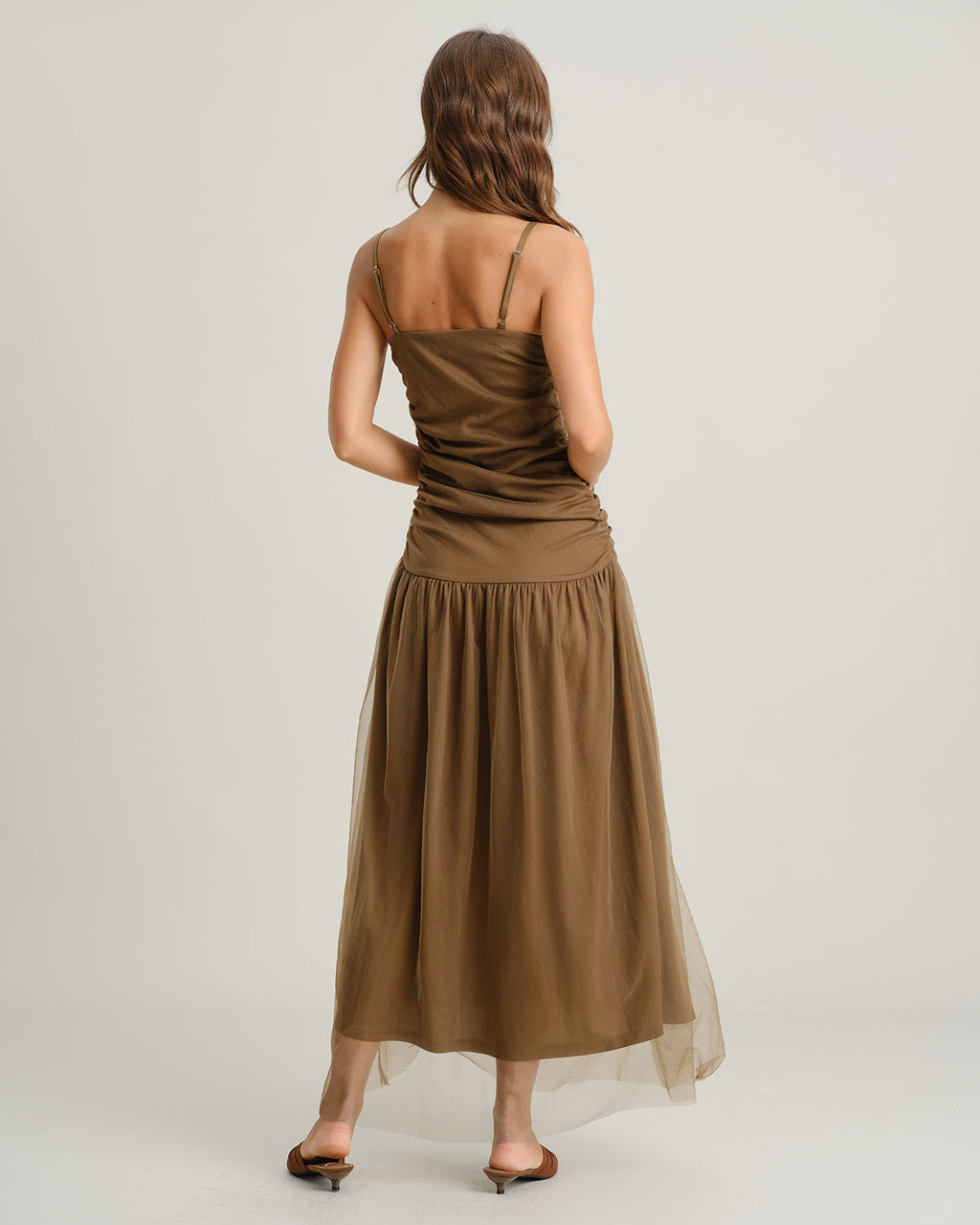 Brown Ruched Mesh Maxi Dress with Slip Design