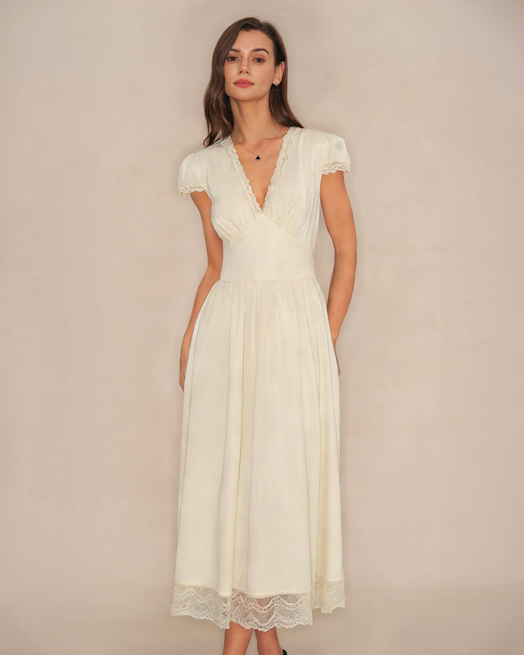 Apricot Lace Maxi Dress with V-Neck
