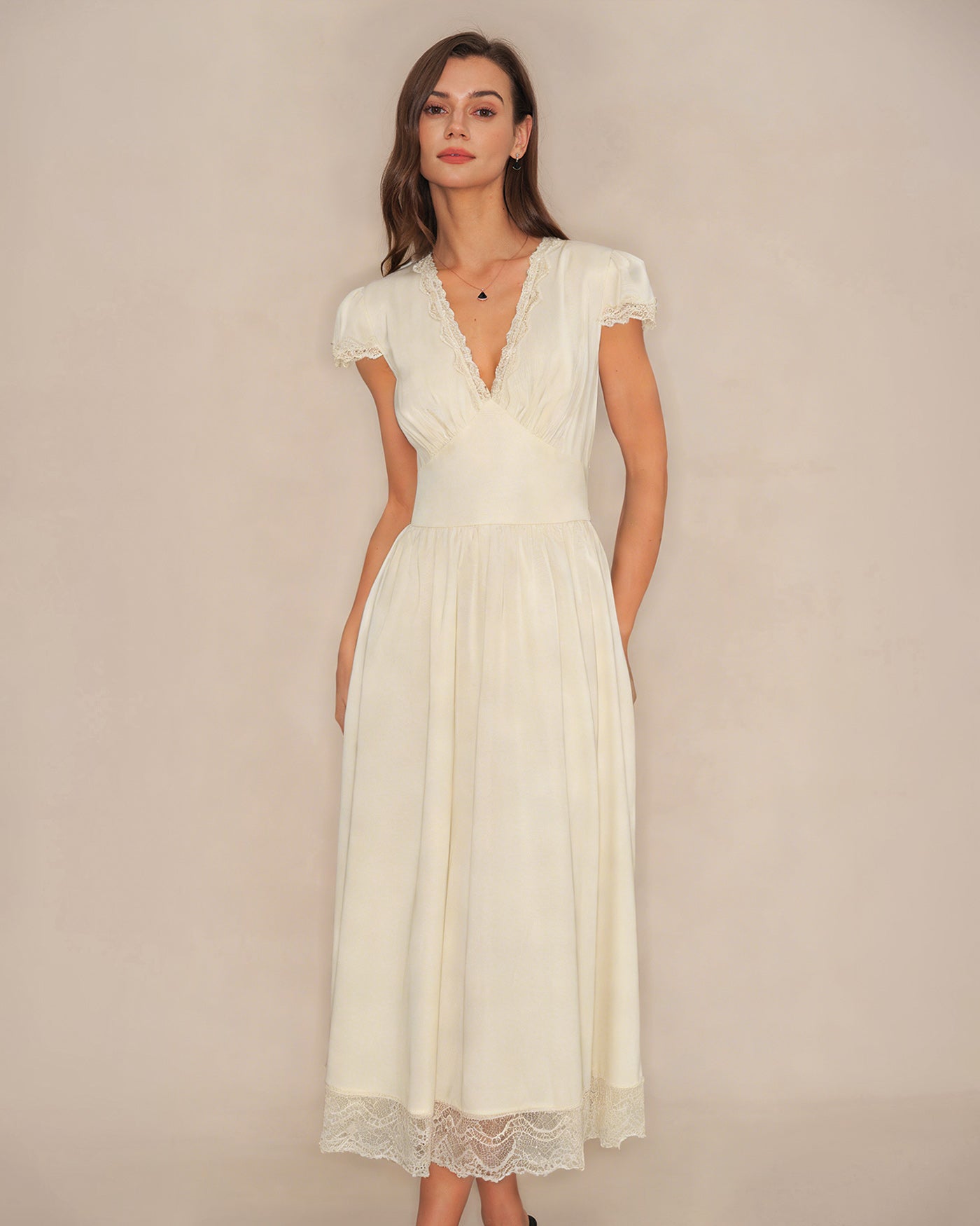 Apricot Lace Maxi Dress with V-Neck