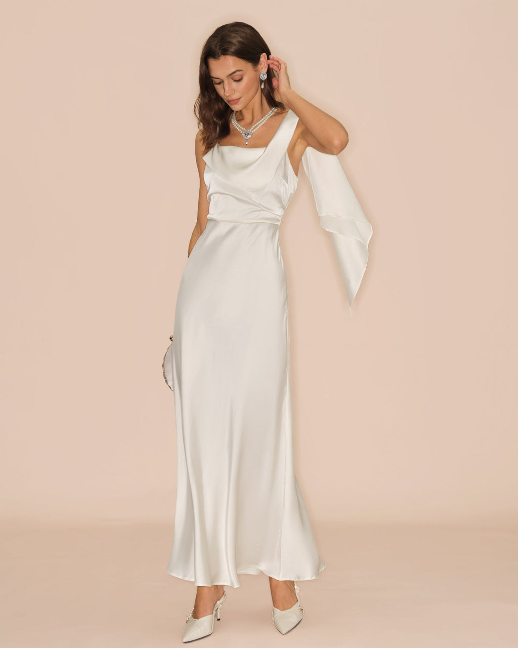 Off-White Satin Maxi Dress with Square Neckline