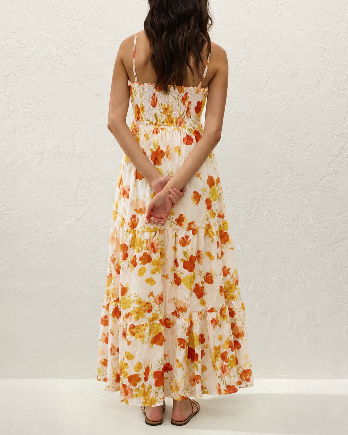 Floral Yellow Shirred Maxi Slip Dress