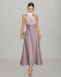 Maxi Dress with One Shoulder and Lace Detail in Pink