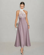 Maxi Dress with One Shoulder and Lace Detail in Pink