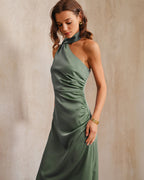 Emerald Satin Asymmetrical Maxi Dress