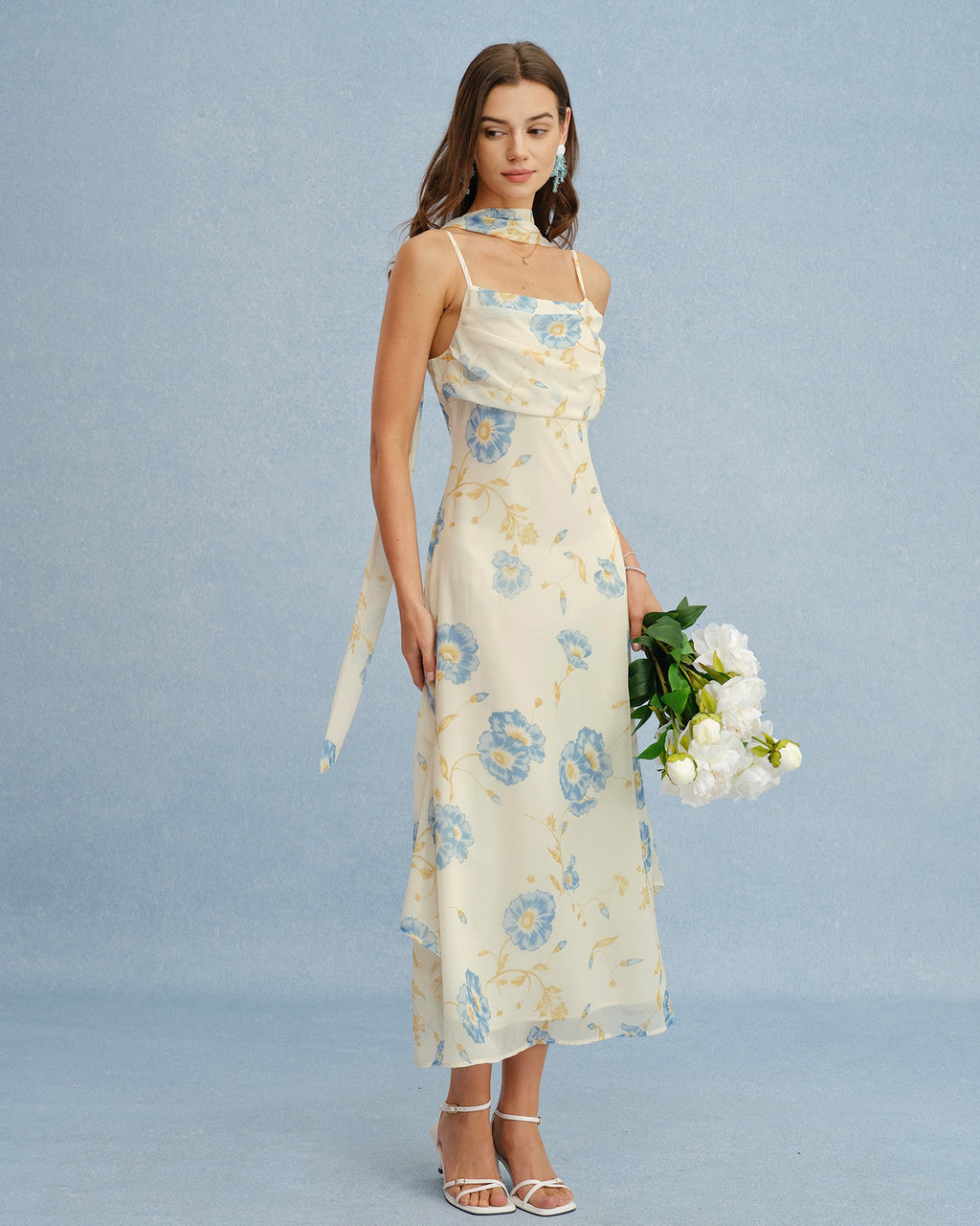Chiffon Maxi Dress with Beige Floral Tie