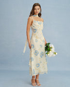 Chiffon Maxi Dress with Beige Floral Tie