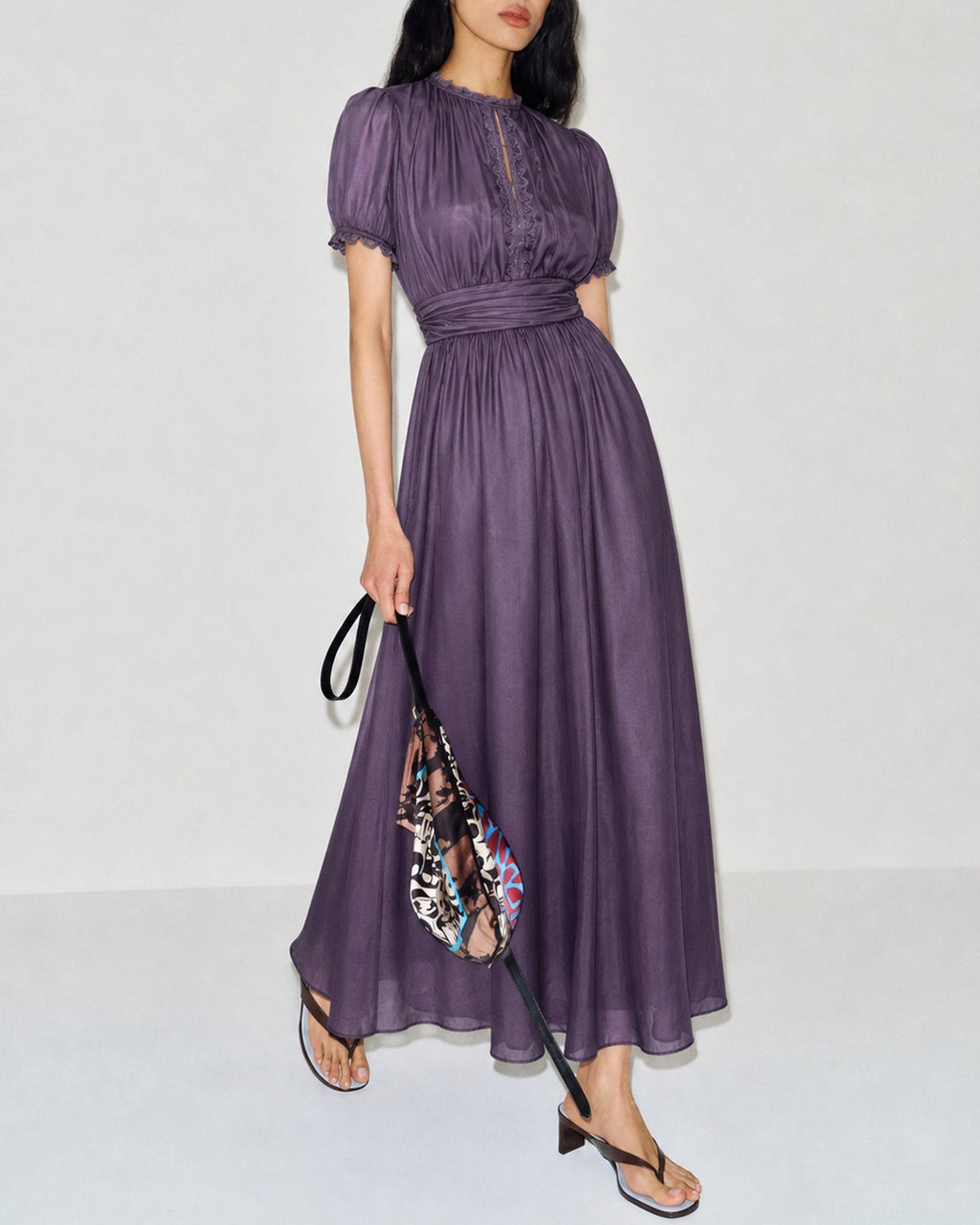 Maxi Dress with Purple Puffed Sleeves