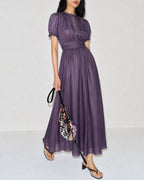 Maxi Dress with Purple Puffed Sleeves