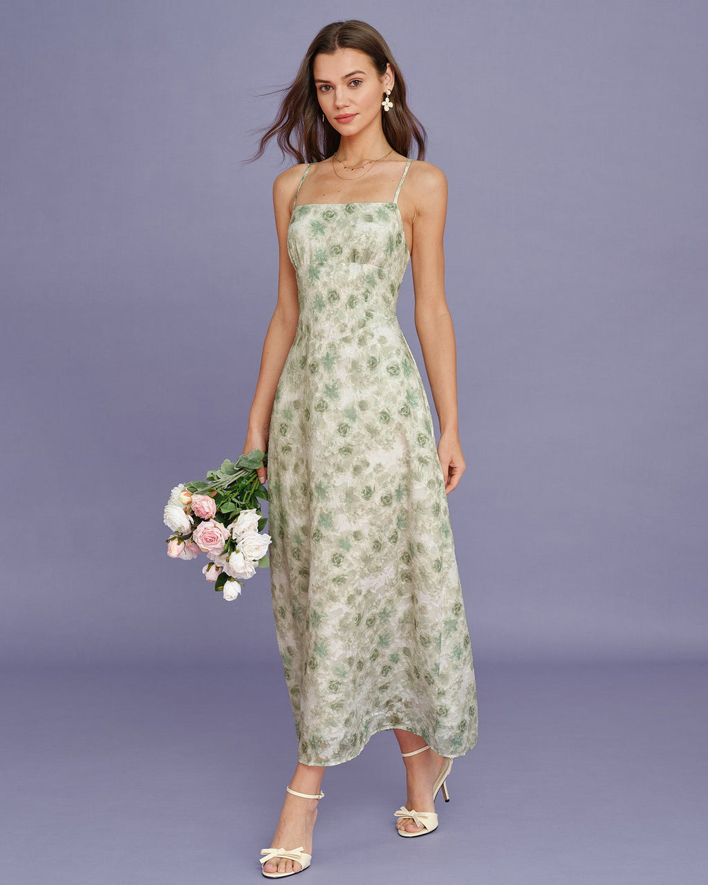 Light Green Floral Cross-Back Maxi Dress