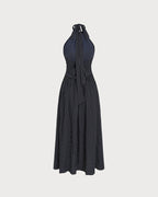 Polka Dot Maxi Dress with Black Halter Tie