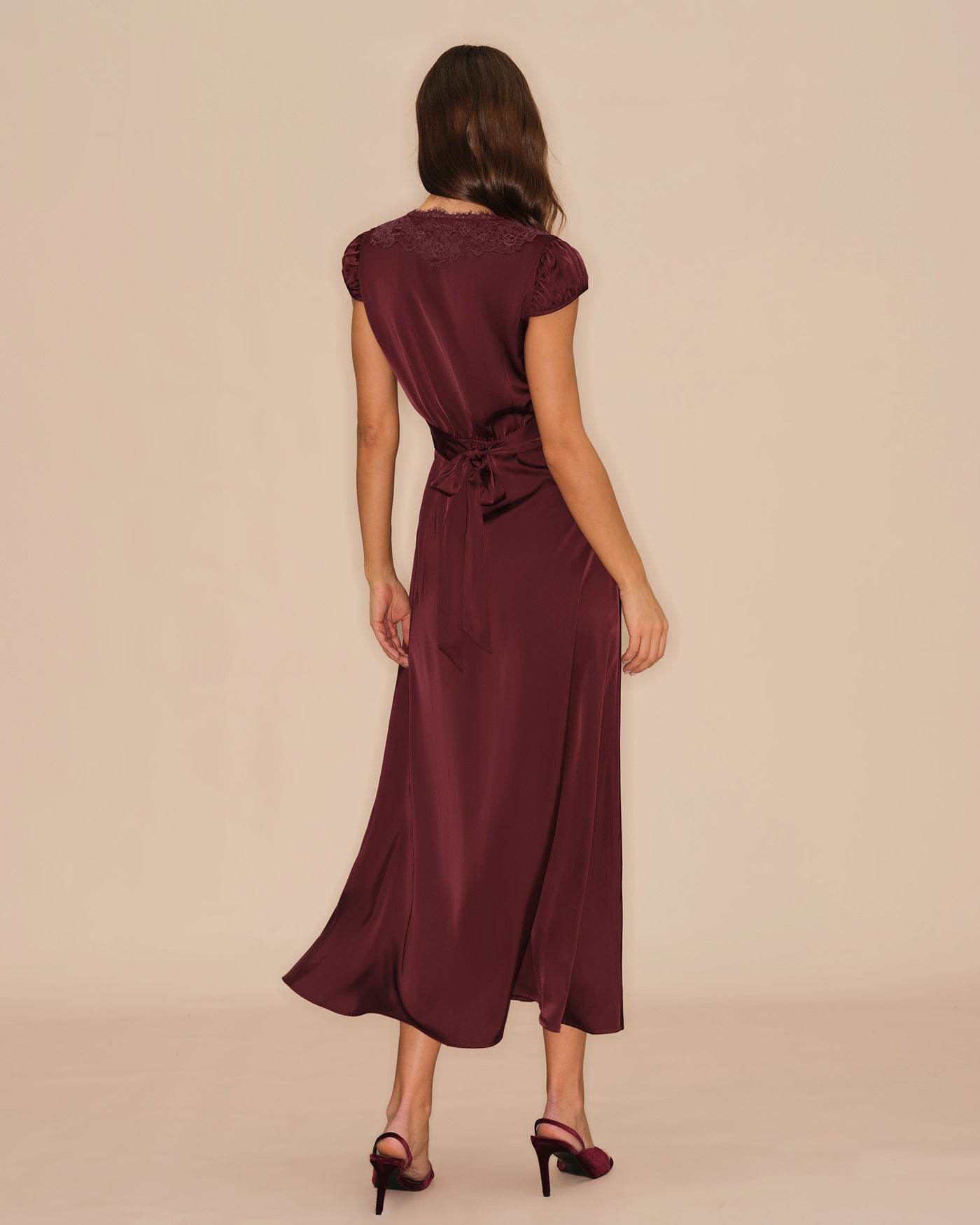 V-Neck Lace Maxi Dress in Wine Red