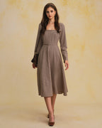 Brown Gingham Maxi Dress with Square Neck and Belt