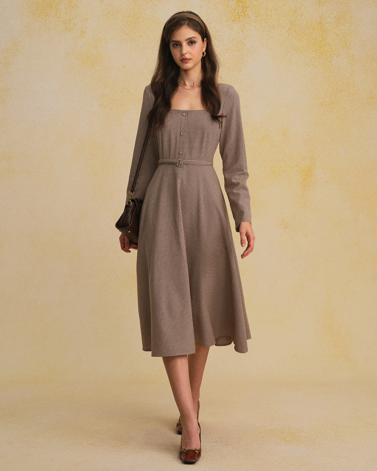 Brown Gingham Maxi Dress with Square Neck and Belt