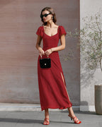Crimson Sweetheart Neck Jacquard Maxi Gown