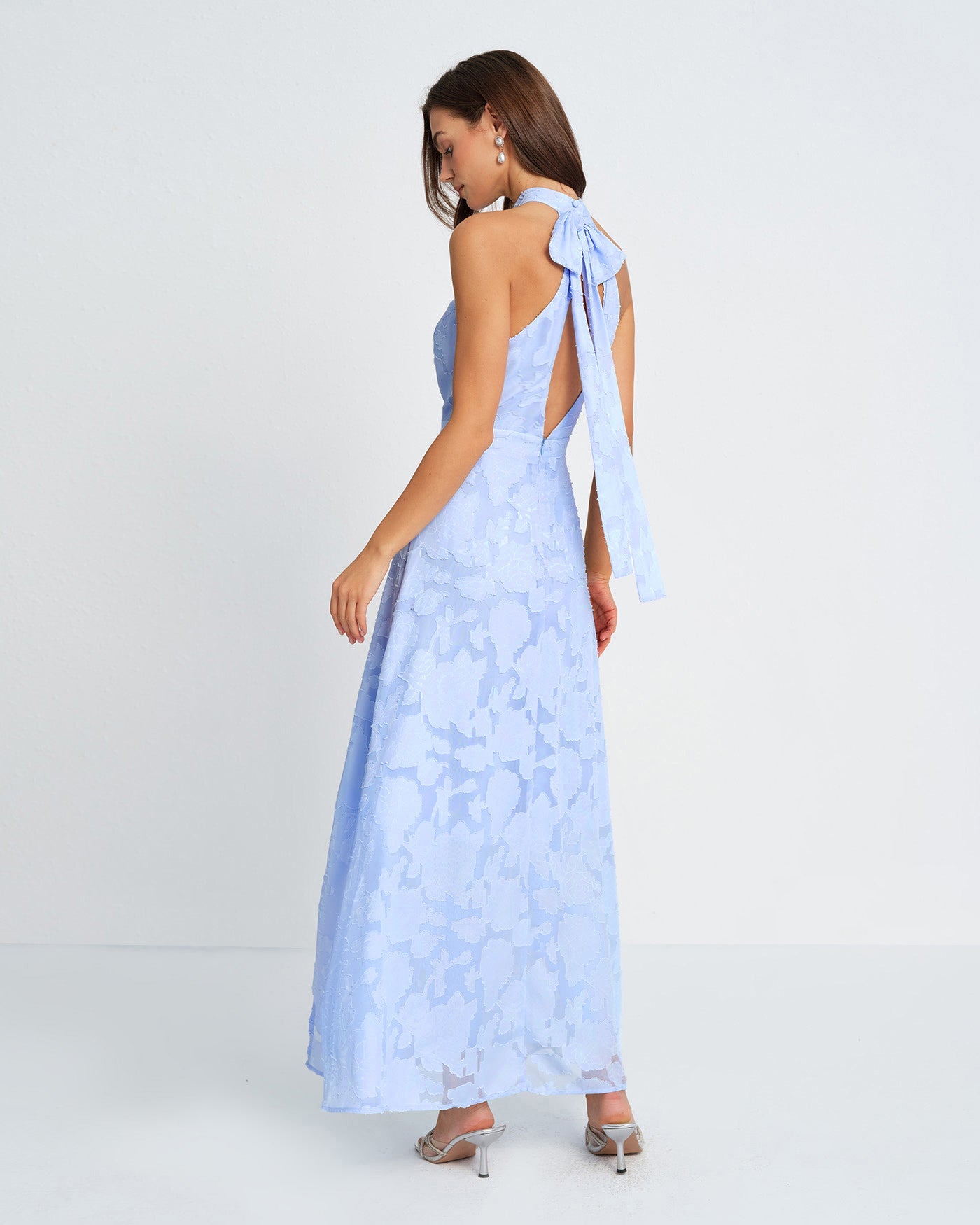 Blue Jacquard Maxi Dress with Mock Neck