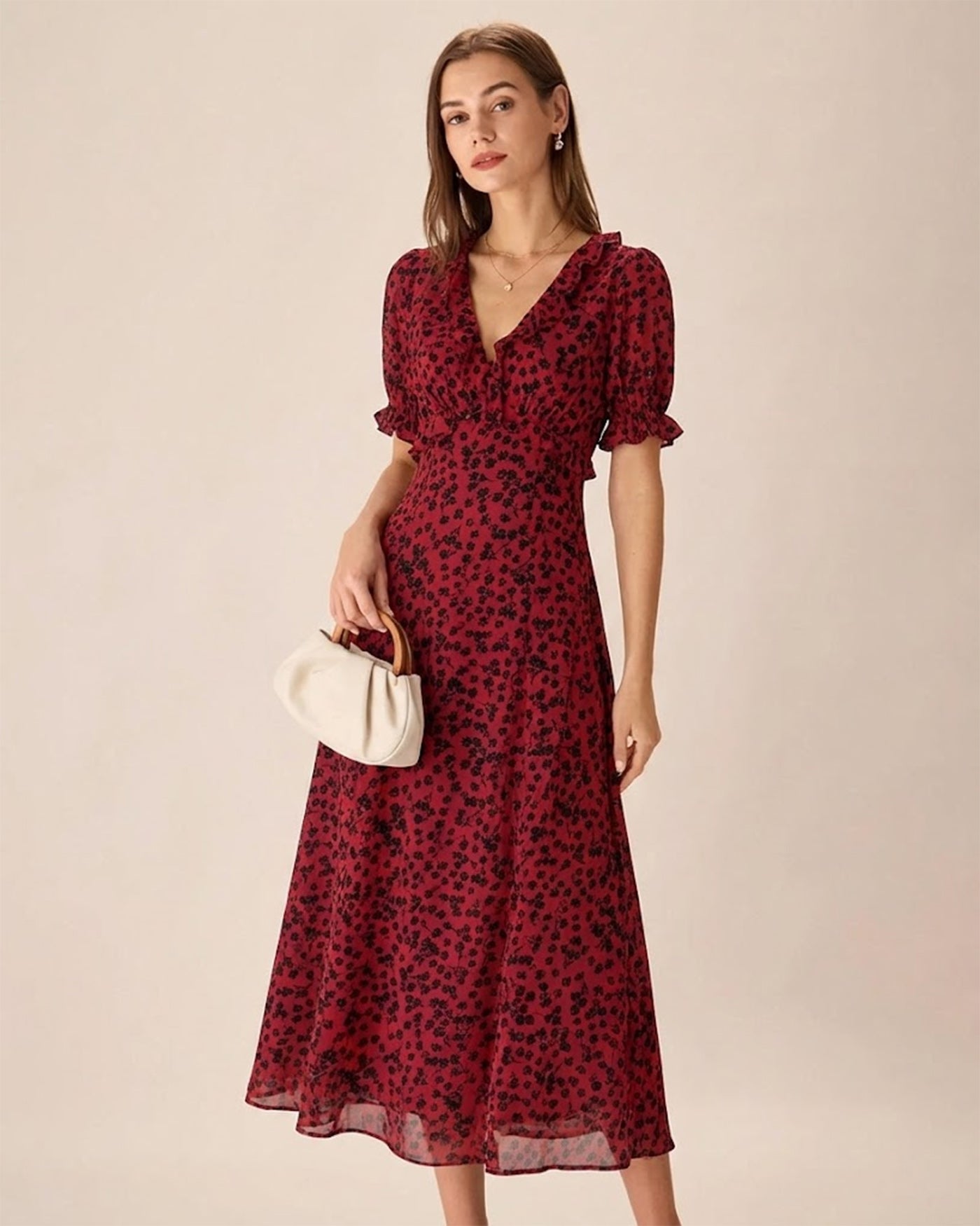 Floral Maxi Dress with V-Neck in Red