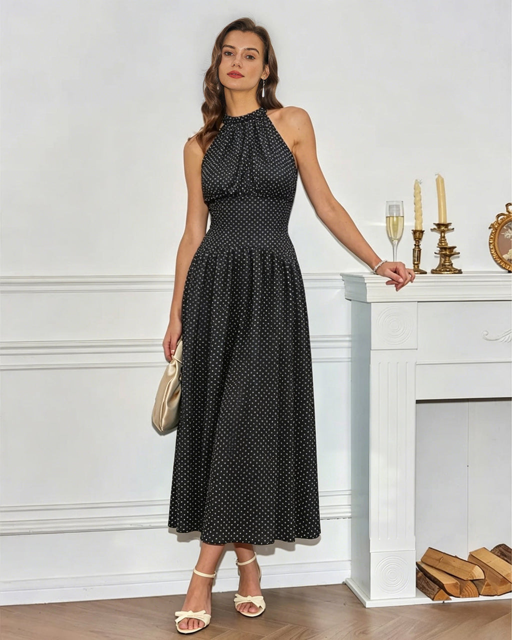 Polka Dot Maxi Dress with Black Halter Tie