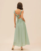 Maxi Dress with Ruffled V-Neck and Tie Detail in Green