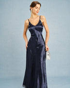 Navy Jacquard Lace Maxi Slip Dress