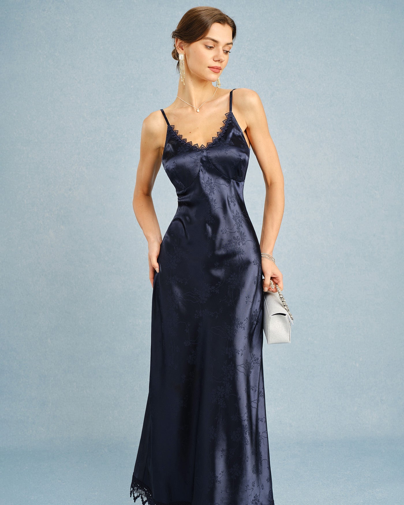 Navy Jacquard Lace Maxi Slip Dress