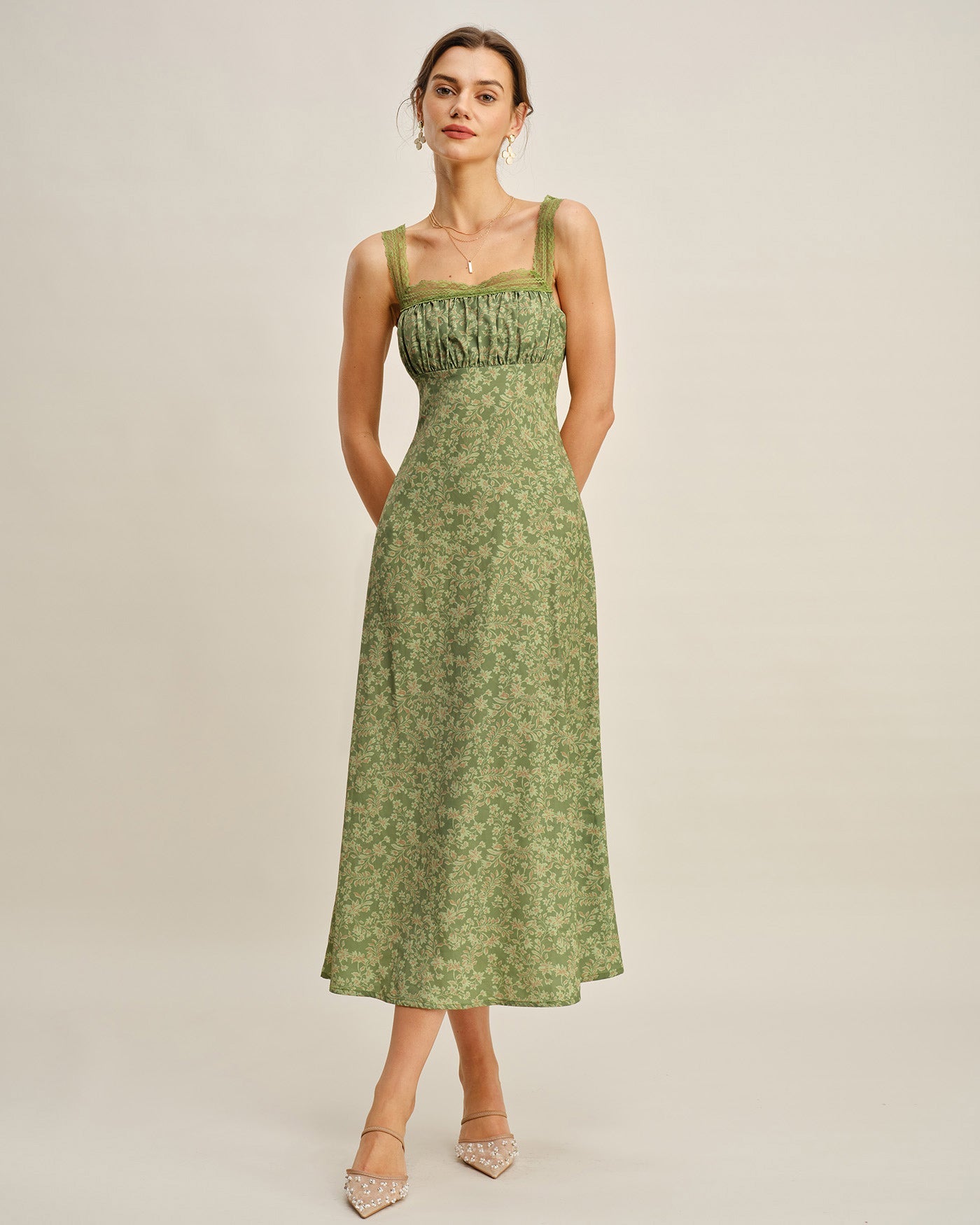 Maxi Dress with Green Floral Lace Design