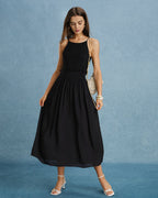 Black Ruched Maxi Dress with Spliced Details