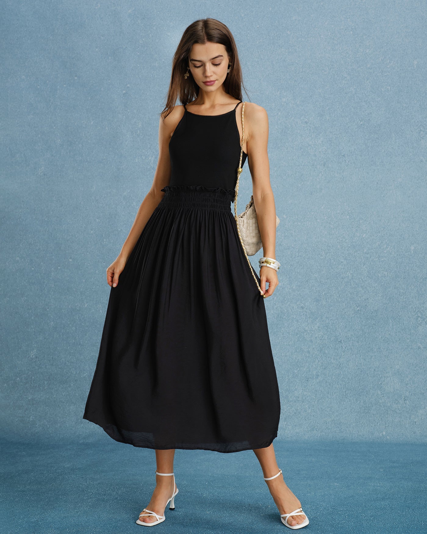 Black Ruched Maxi Dress with Spliced Details