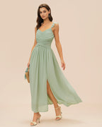 Maxi Dress with Ruffled V-Neck and Tie Detail in Green