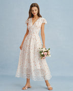 Floral Lace Maxi Dress in Off-White with V-Neck Design