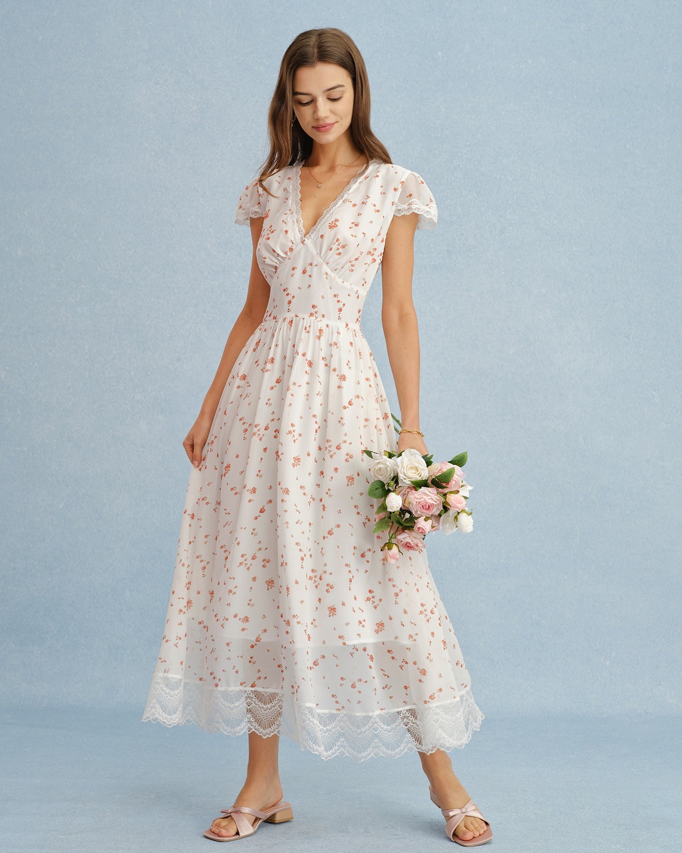 Floral Lace Maxi Dress in Off-White with V-Neck Design