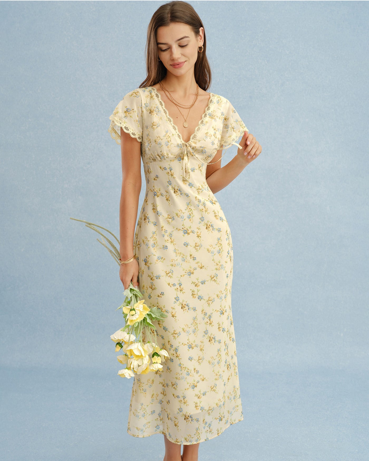 Floral Lace Maxi Dress with V-Neck in Yellow