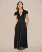 Maxi Dress with Black V-Neck and Lace Puffed Sleeves