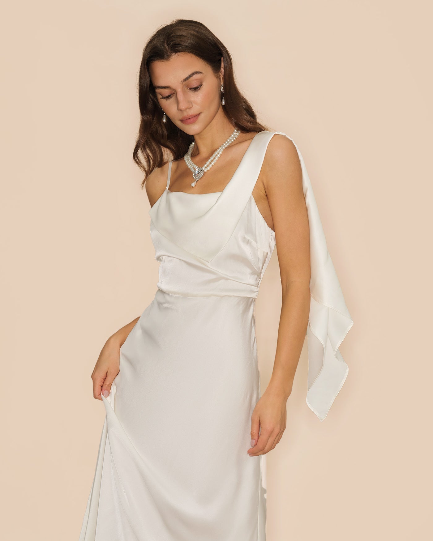 Off-White Satin Maxi Dress with Square Neckline