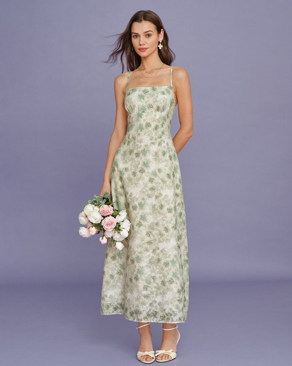 Light Green Floral Cross-Back Maxi Dress