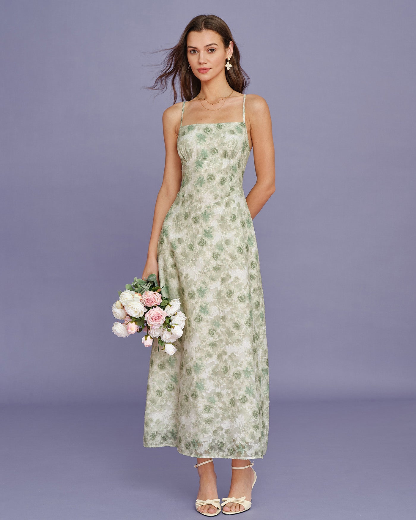 Light Green Floral Cross-Back Maxi Dress