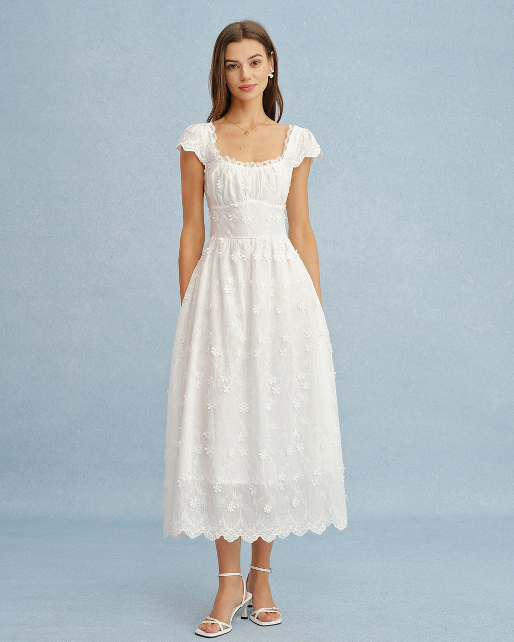 Maxi Dress with White Square Neck and Lace Floral Design