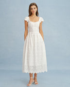 Maxi Dress with White Square Neck and Lace Floral Design