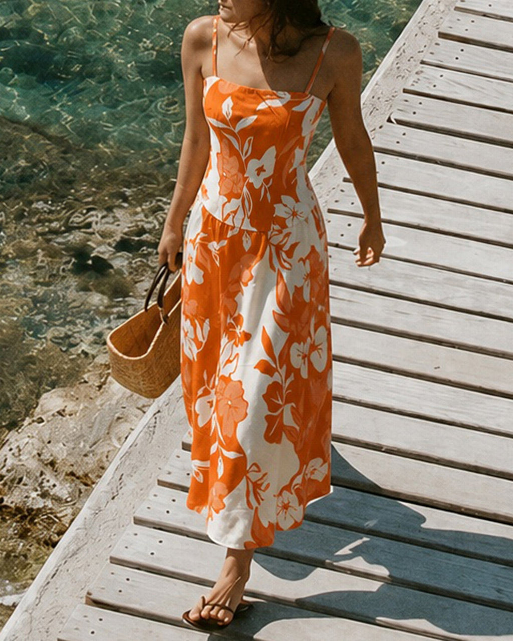 Maxi Dress with A-Line Silhouette and Orange Floral Print