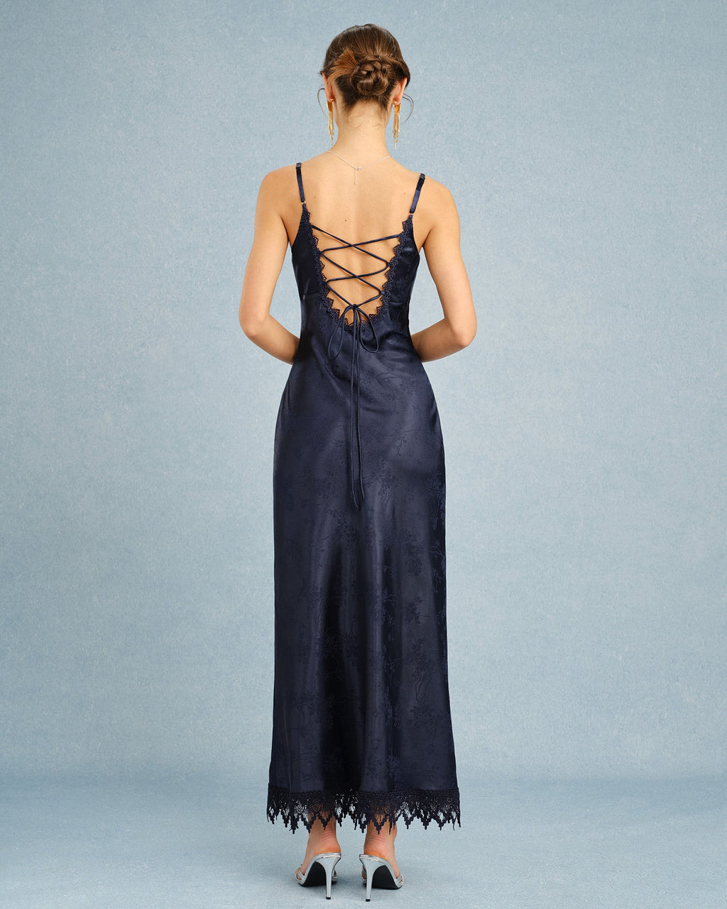 Navy Jacquard Lace Maxi Slip Dress