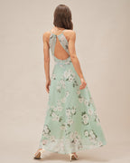 Floral Maxi Dress with Green Cowl Neck
