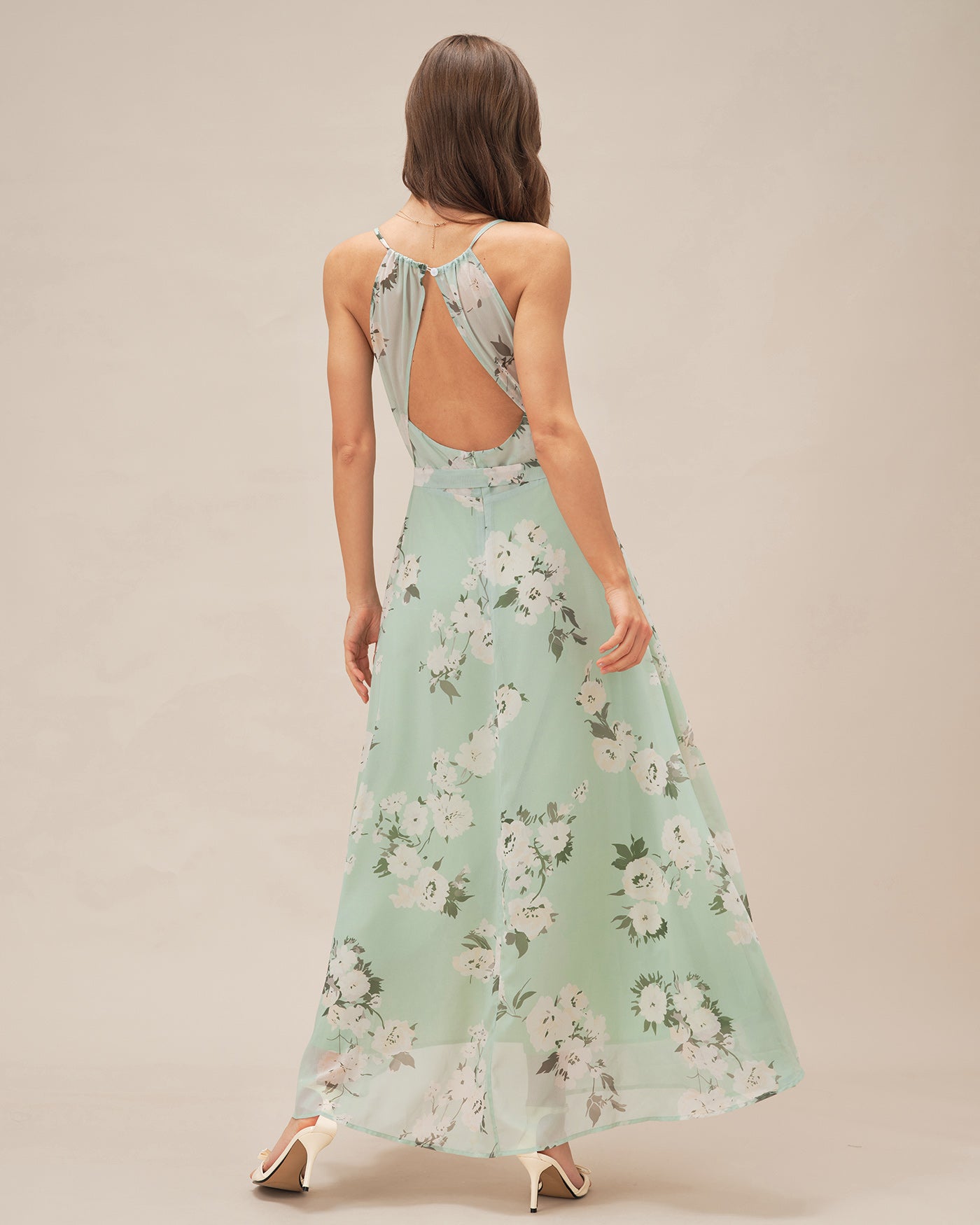 Floral Maxi Dress with Green Cowl Neck