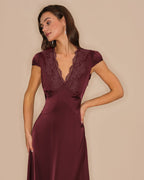 V-Neck Lace Maxi Dress in Wine Red