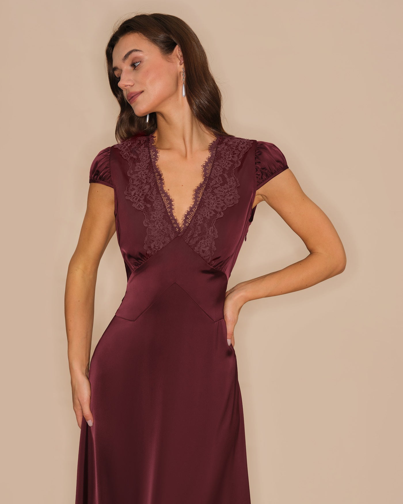 V-Neck Lace Maxi Dress in Wine Red