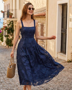 Navy Jacquard Maxi Dress with Slip Design