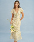 Floral Lace Maxi Dress with V-Neck in Yellow