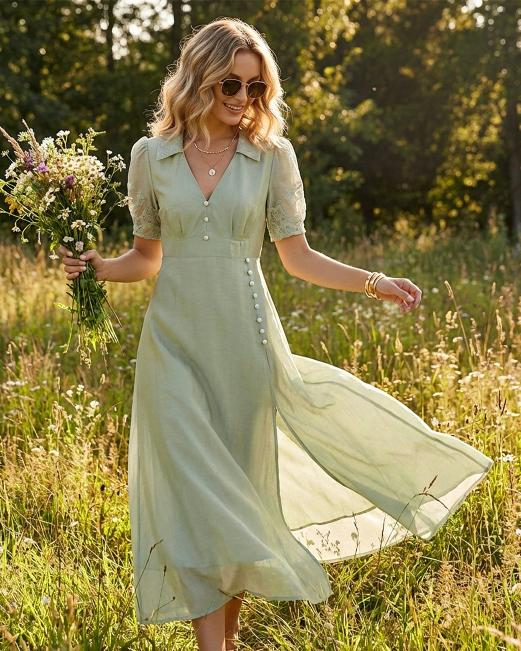 Maxi Dress with V Neck and Button Detail in Green