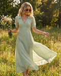 Maxi Dress with V Neck and Button Detail in Green