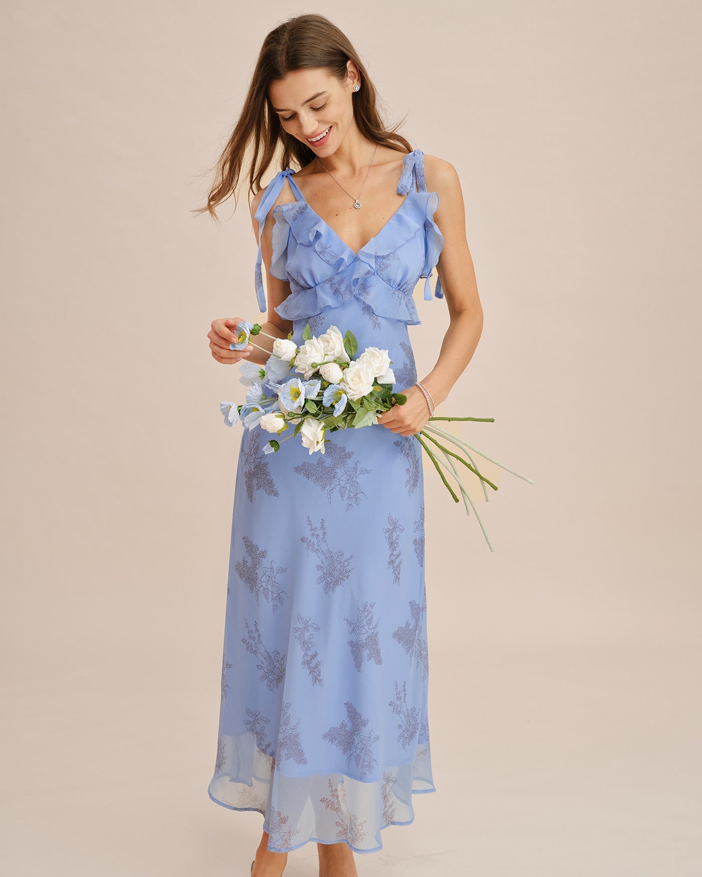Maxi Dress with Blue Floral Print and Ruffled Tie Straps