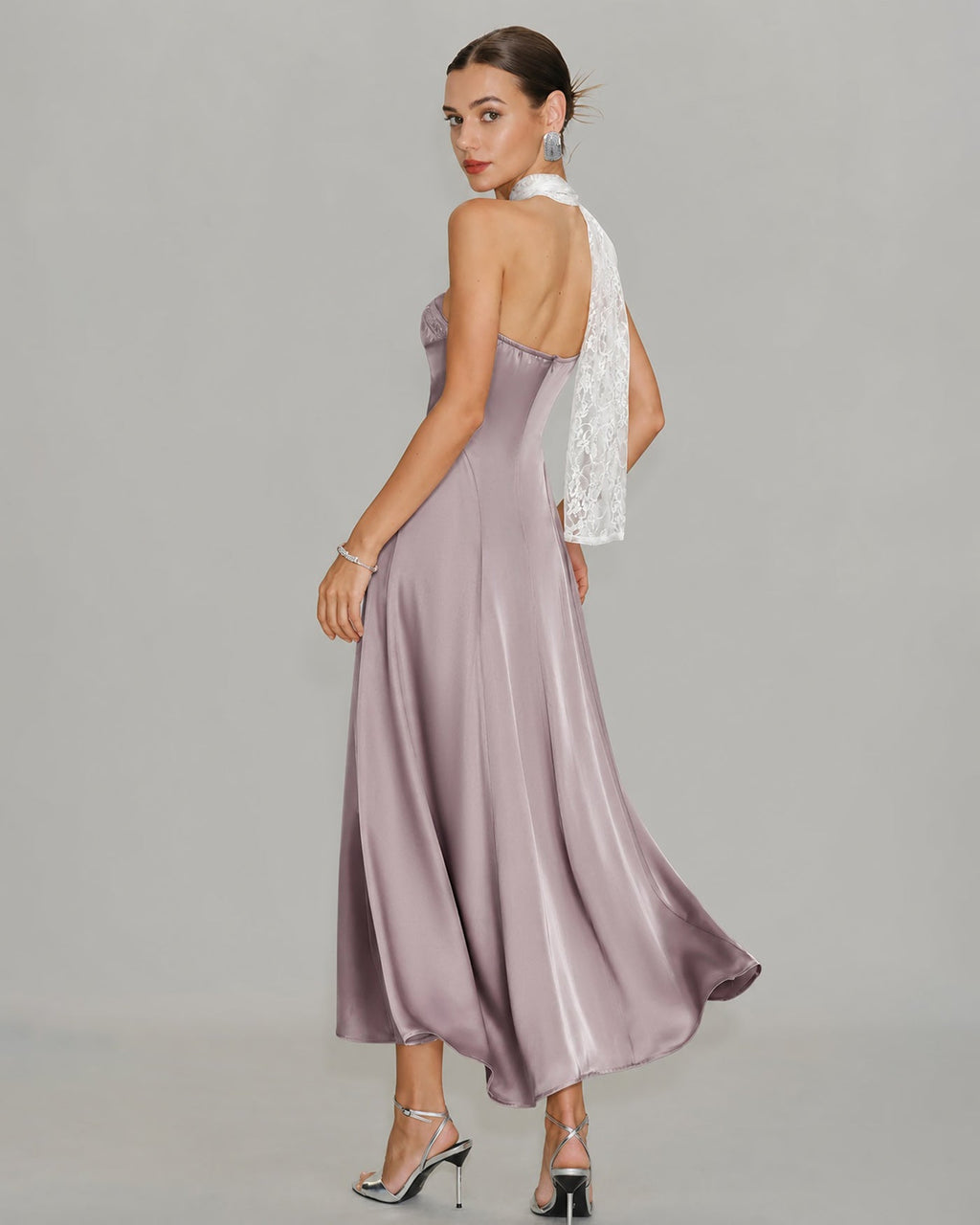 Maxi Dress with One Shoulder and Lace Detail in Pink